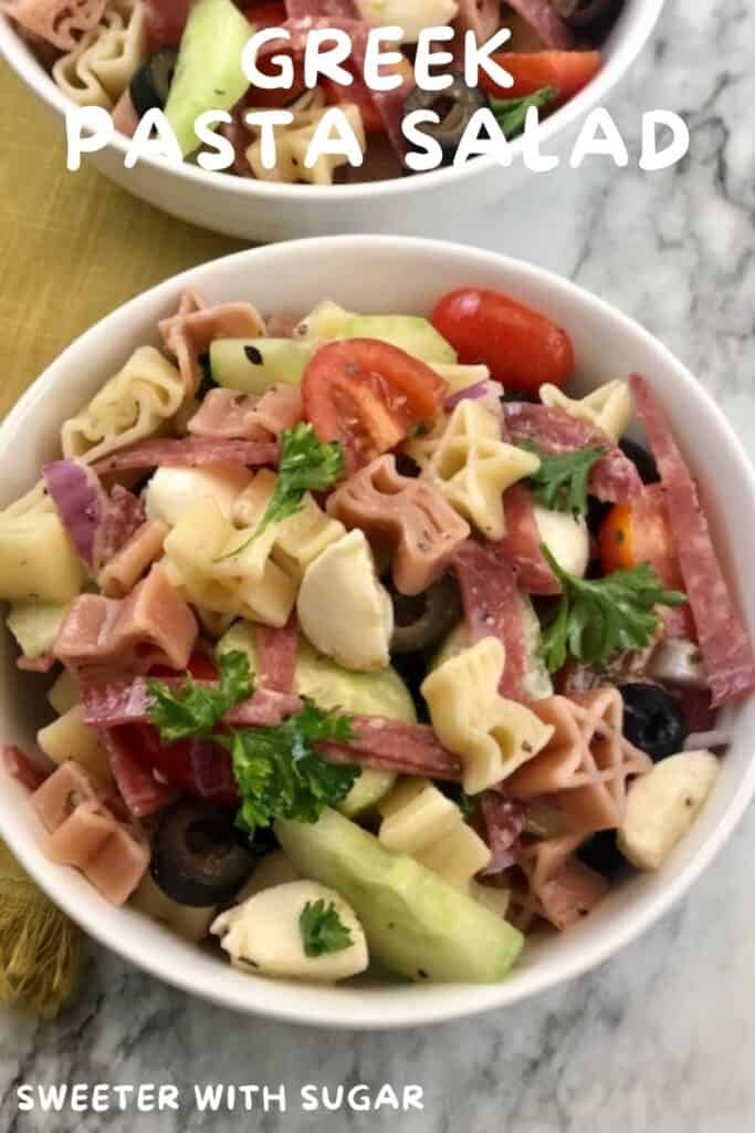 Greek Pasta Salad is filled with delicious ingredients. This cold pasta salad is perfect for barbecues or as a meal with a side of bread. Greek Pasta Salad has a flavorful salad dressing you will love. #Pasta #Salad #Greek #Barbecue #SimpleRecipes