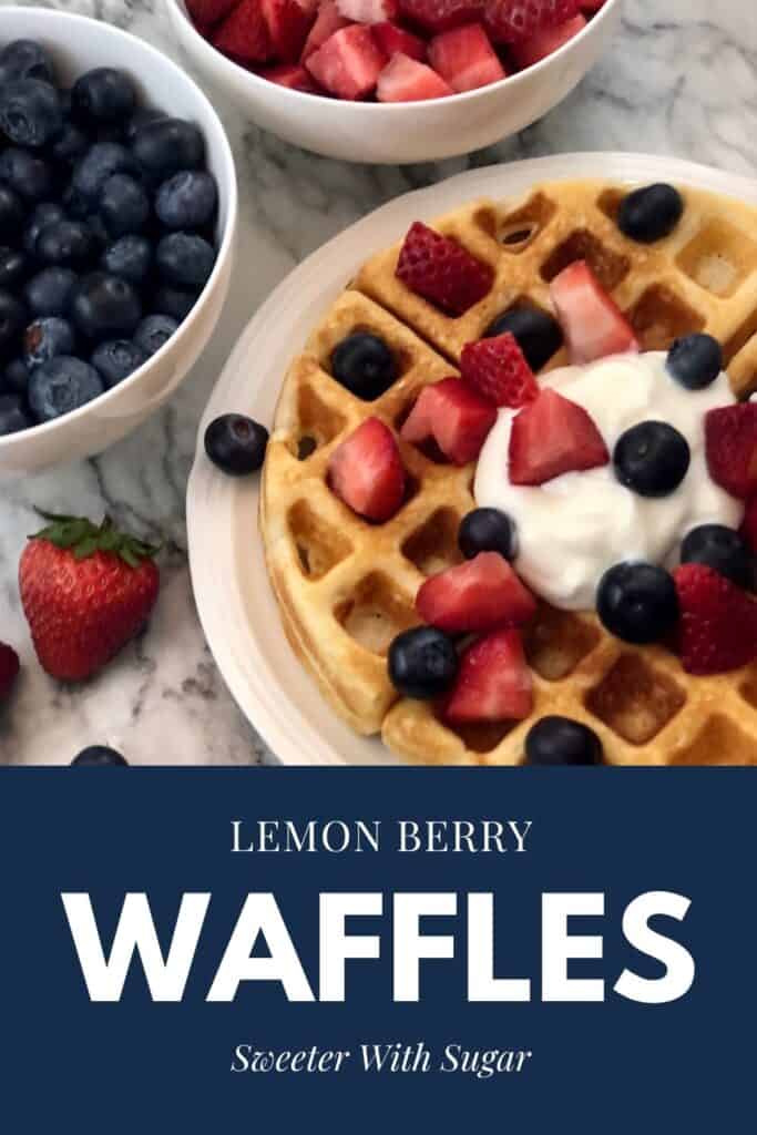 Lemon Berry Waffles make a perfect breakfast or brunch for any day of the week. These waffles are a delicious Fourth of July breakfast idea. The lemon goes so well with the fresh strawberries and blueberries. #Waffles #Breakfast #Brunch #Holiday #FourthOfJuly 