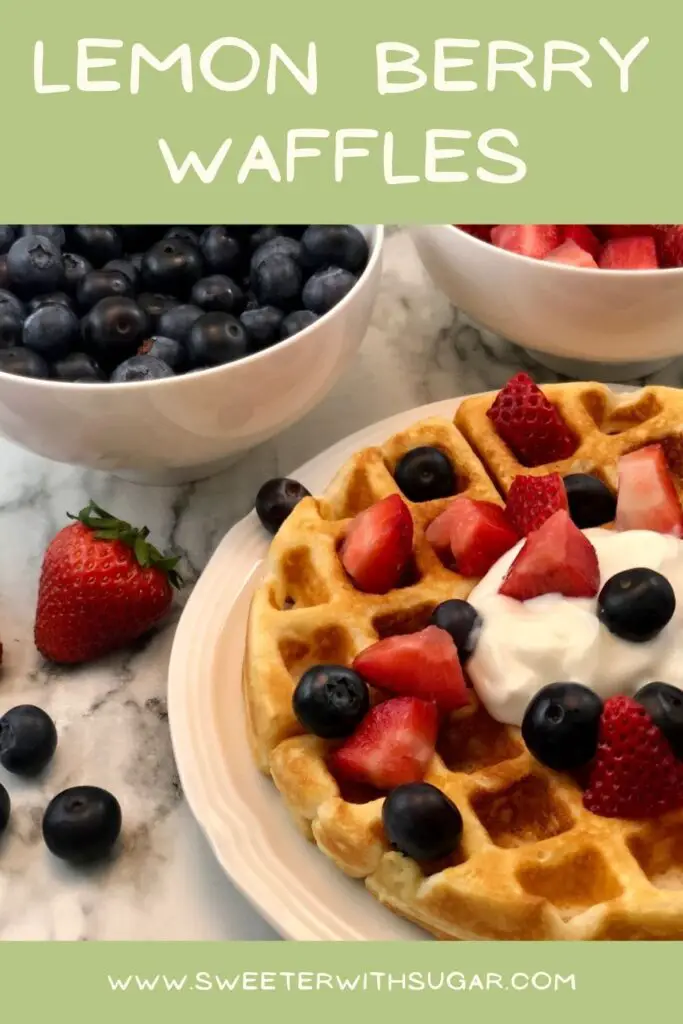 Lemon Berry Waffles make a perfect breakfast or brunch for any day of the week. These waffles are a delicious Fourth of July breakfast idea. The lemon goes so well with the fresh strawberries and blueberries. #Waffles #Breakfast #Brunch #Holiday #FourthOfJuly 