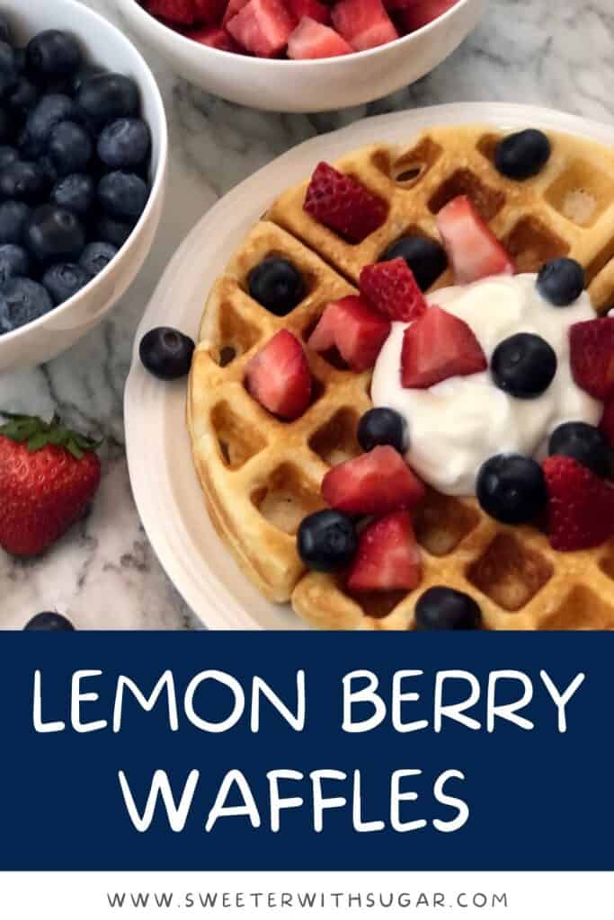 Lemon Berry Waffles make a perfect breakfast or brunch for any day of the week. These waffles are a delicious Fourth of July breakfast idea. The lemon goes so well with the fresh strawberries and blueberries. #Waffles #Breakfast #Brunch #Holiday #FourthOfJuly 