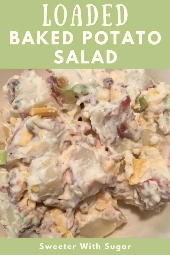 Loaded Baked Potato Salad is a delicious side dish for any barbecue. It is full of red potatoes, ranch dressing, bacon, cheese and onion. #PotatoSalad #Salads #Ranch #LoadedBakedPotato