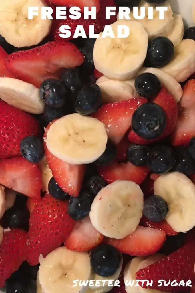 Patriotic Fresh Fruit Salad is an easy side for breakfast or dinner. Nothing is added to the fruit for a healthy salad or side for breakfast. It looks beautiful for the Fourth of July.  #FourthofJuly #Frult #Salads #Breakfast