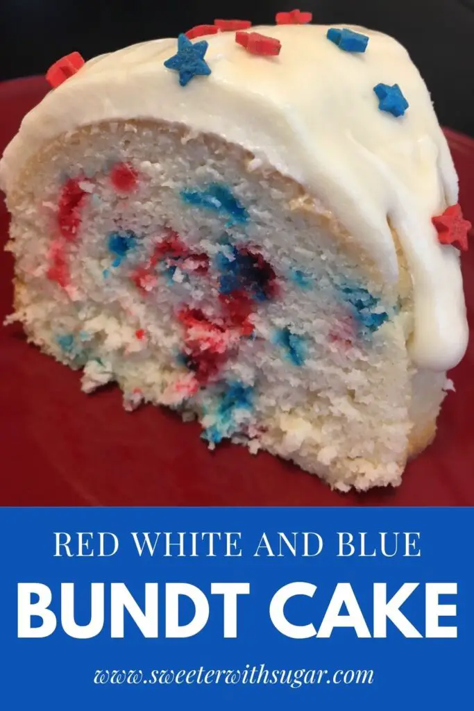 Red, White and Blue Bundt Cake is a super moist cake with a delicious white chocolate cream cheese frosting. #Desserts #Cake #Holiday #EasyRecipes