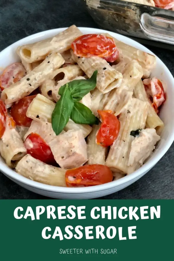 Caprese Chicken Casserole is an easy comfort food recipe that uses delicious Boursin cheese. Caprese Chicken Casserole is an easy weeknight dinner recipe the whole family will enjoy. #Boursin #ChickenRecipes #FamilyFriendlyRecipes #ComfortFood #Pasta