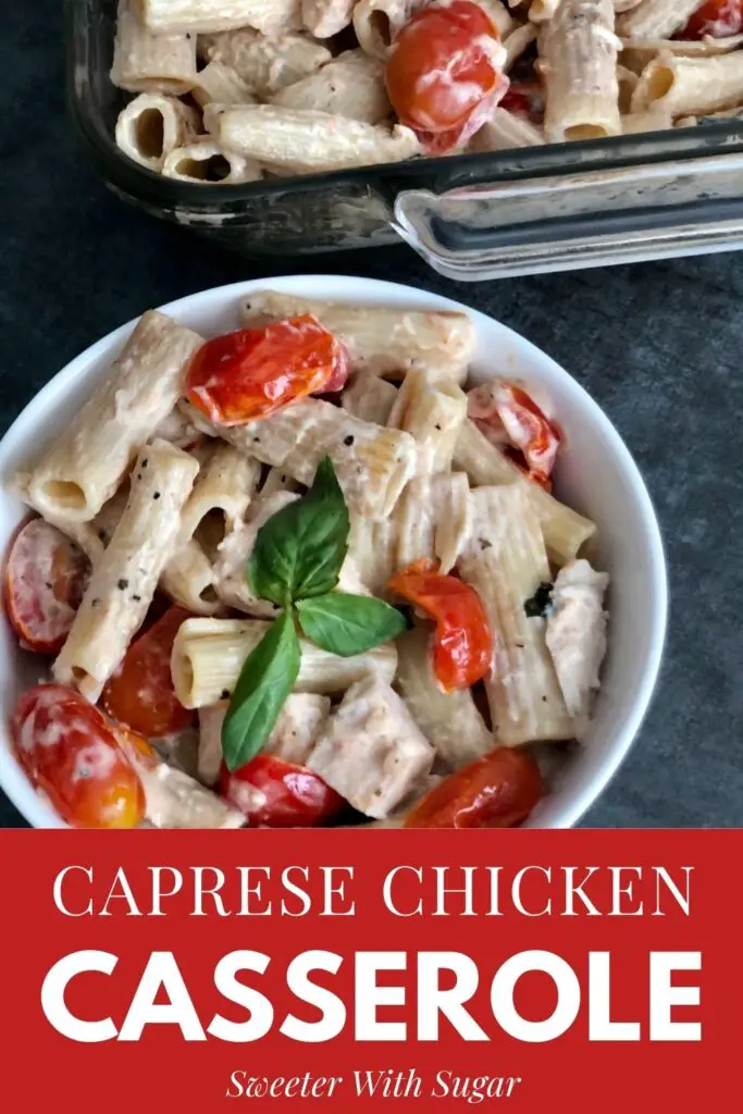 Caprese Chicken Casserole is an easy comfort food recipe that uses delicious Boursin cheese. Caprese Chicken Casserole is an easy weeknight dinner recipe the whole family will enjoy. #Boursin #ChickenRecipes #FamilyFriendlyRecipes #ComfortFood #Pasta