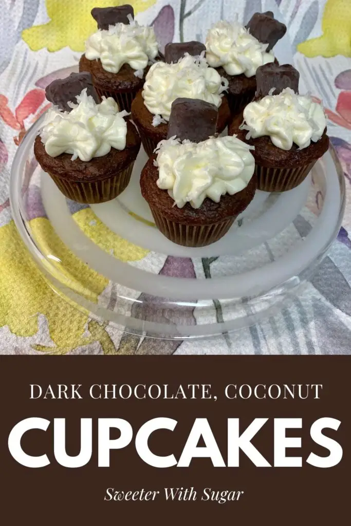 Dark Chocolate, Coconut Cupcakes are fun and delicious. If you like coconut and chocolate, you'll love these cupcakes. #Cupcake #Chocolate #Coconut #DessertRecipes #SummerSweetsAndTreats 