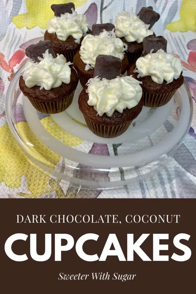 Dark Chocolate, Coconut Cupcakes are fun and delicious. If you like coconut and chocolate, you'll love these cupcakes. #Cupcake #Chocolate #Coconut #DessertRecipes #SummerSweetsAndTreats