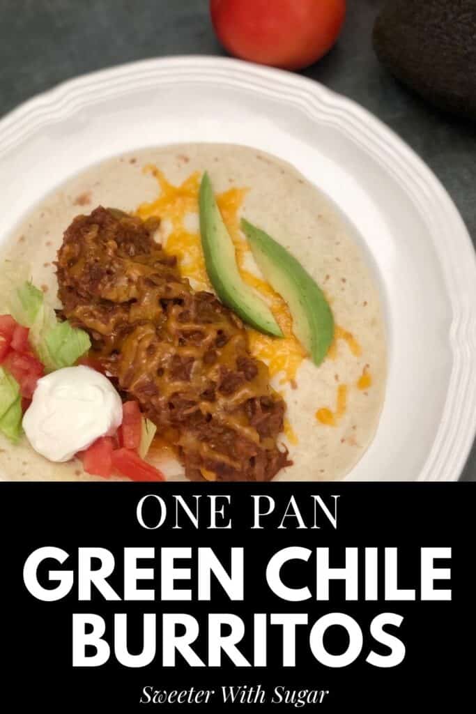 One Pan Green Chile Burritos is a super quick and easy dinner for busy nights. One Pan Green Chile Burritos have a bit of a spicy kick which is delicious! #OnePan #EasyRecipes #Mexican #Burritos #Beef #EasyWeeknightDinners #ElPatoSauce