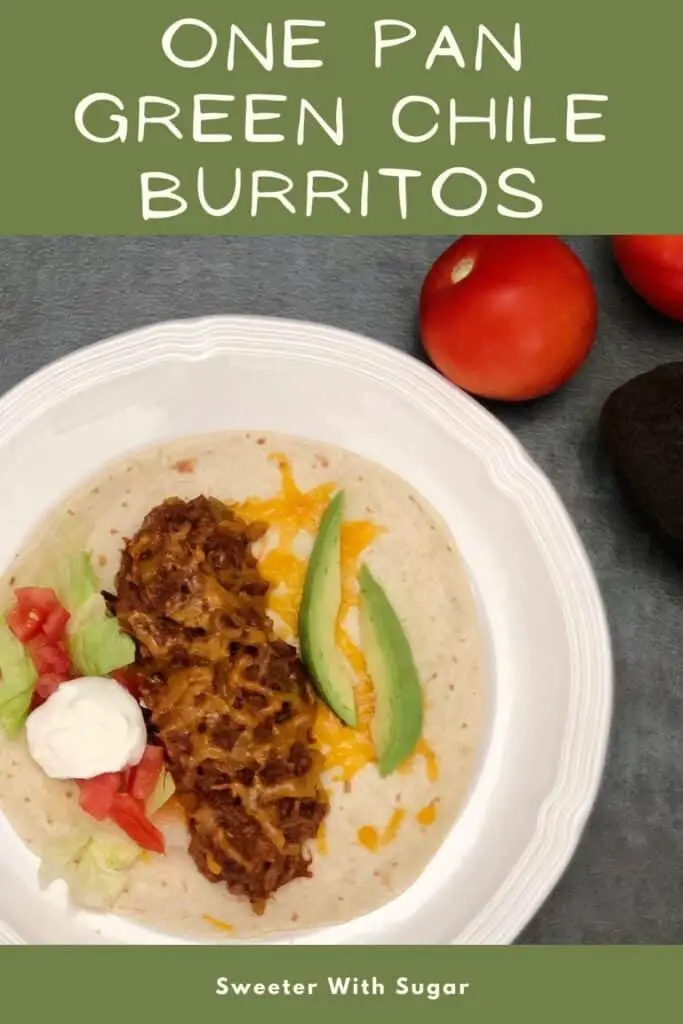 One Pan Green Chile Burritos is a super quick and easy dinner for busy nights. One Pan Green Chile Burritos have a bit of a spicy kick which is delicious! #OnePan #EasyRecipes #Mexican #Burritos #Beef #EasyWeeknightDinners #ElPatoSauce