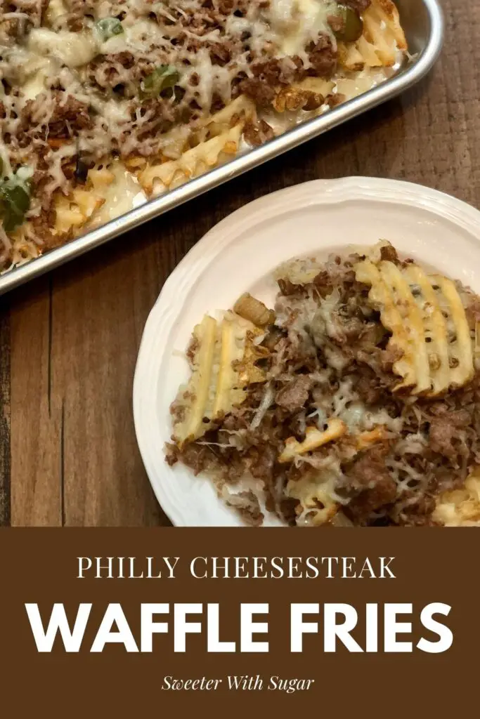 Philly Cheesesteak Waffle Fries make a fun and yummy dinner. These waffle fries are topped with all the good things that you love on a cheesesteak sandwich. #Philly #Cheesesteak #Beef #EasyDinnerIdeas #SimpleSnacks #PhillyCheesesteak  