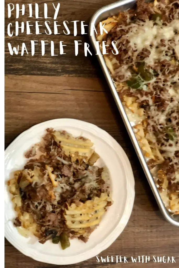 Philly Cheesesteak Waffle Fries make a fun and yummy dinner. These waffle fries are topped with all the good things that you love on a cheesesteak sandwich. #Philly #Cheesesteak #Beef #EasyDinnerIdeas #SimpleSnacks #PhillyCheesesteak