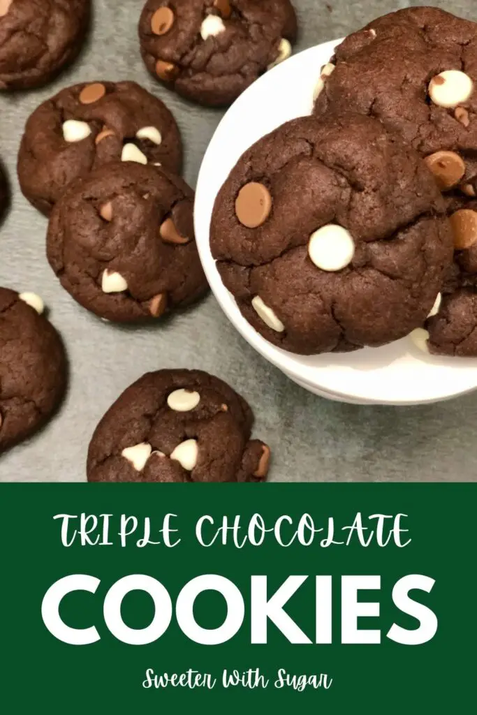 Triple Chocolate Cookies are so simple to make and so yummy. The a chocolate cookie and milk and white chocolate chips make this cookie delicious and fun. #Chocolate #WhiteChocolate #Cookies #SummerSweetAndTreats