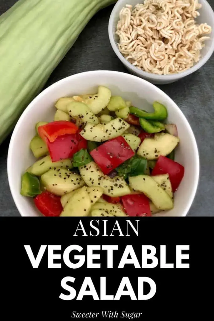 Asian Vegetable Salad is an easy garden veggie salad with an Asian dressing and topped with broken ramen noodles and freshly cracked pepper. #Veggies #SaladRecipes #GardenRecipes #Asian