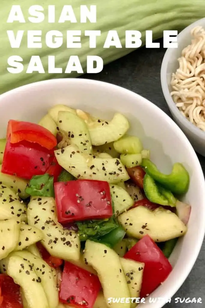 Asian Vegetable Salad is an easy garden veggie salad with an Asian dressing and topped with broken ramen noodles and freshly cracked pepper. #Veggies #SaladRecipes #GardenRecipes #Asian