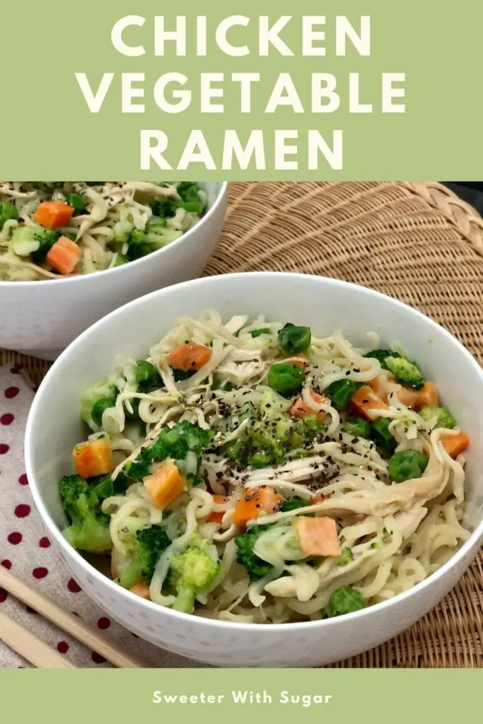Chicken Vegetable Ramen is a quick dinner recipe idea for busy nights. It is made with ramen noodles that cook in just three minutes. Add the vegetable and pre-cooked chicken and dinner is ready. #Ramen #Chicken #EasyRecipes #FamilyRecipes #Veggies