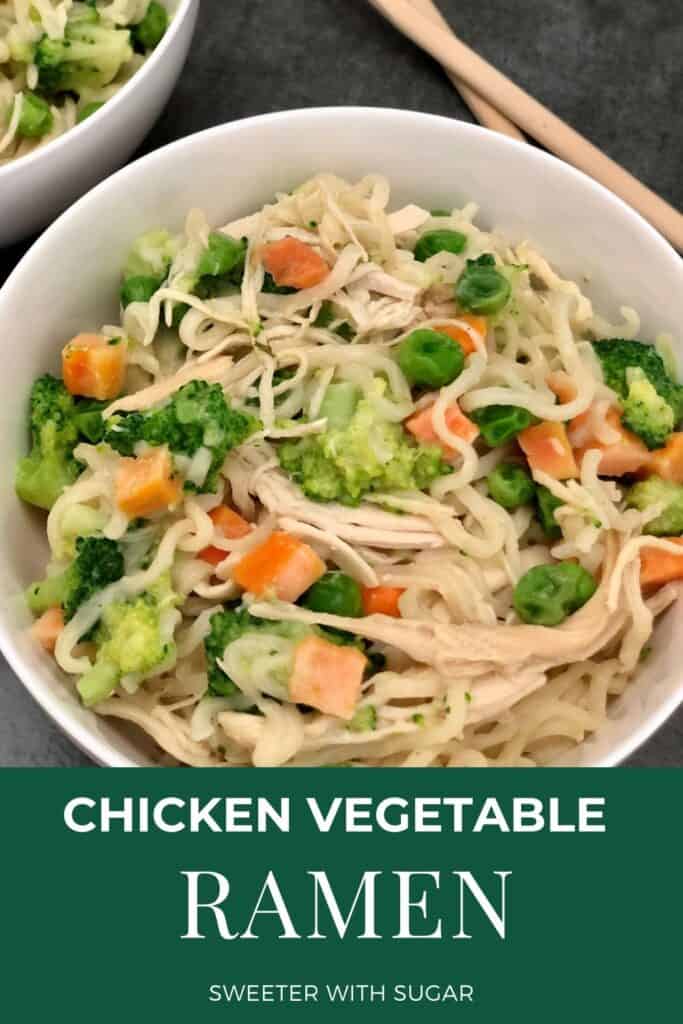 Chicken Vegetable Ramen is a quick dinner recipe idea for busy nights. It is made with ramen noodles that cook in just three minutes. Add the vegetable and pre-cooked chicken and dinner is ready. #Ramen #Chicken #EasyRecipes #FamilyRecipes #Veggies