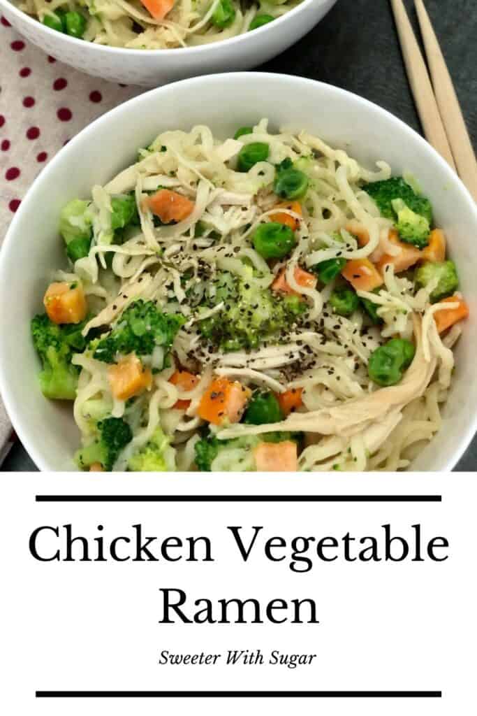 Chicken Vegetable Ramen is a quick dinner recipe idea for busy nights. It is made with ramen noodles that cook in just three minutes. Add the vegetable and pre-cooked chicken and dinner is ready. #Ramen #Chicken #EasyRecipes #FamilyRecipes #Veggies