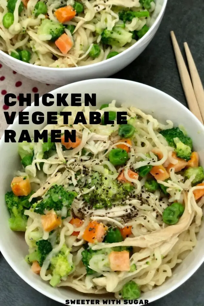 Chicken Vegetable Ramen is a super quick and easy recipe. Ramen is inexpensive and fast to make-the added vegetables make it extra good. #Ramen #Veggies #EasyDinnerIdeas #FamilyRecipes #Simple