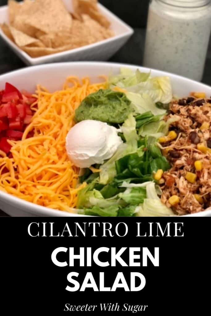 Cilantro Lime Chicken Salad is an easy family dinner recipe made with shredded chicken, corn, beans, lettuce, cheese, tomato and topped with a yummy dressing. #Crockpot #Salad #Chicken #Mexican #EasyDinnerRecipes