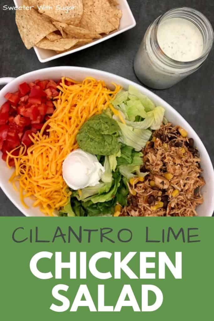 Cilantro Lime Chicken Salad is an easy family dinner recipe made with shredded chicken, corn, beans, lettuce, cheese, tomato and topped with a yummy dressing. #Crockpot #Salad #Chicken #Mexican #EasyDinnerRecipes