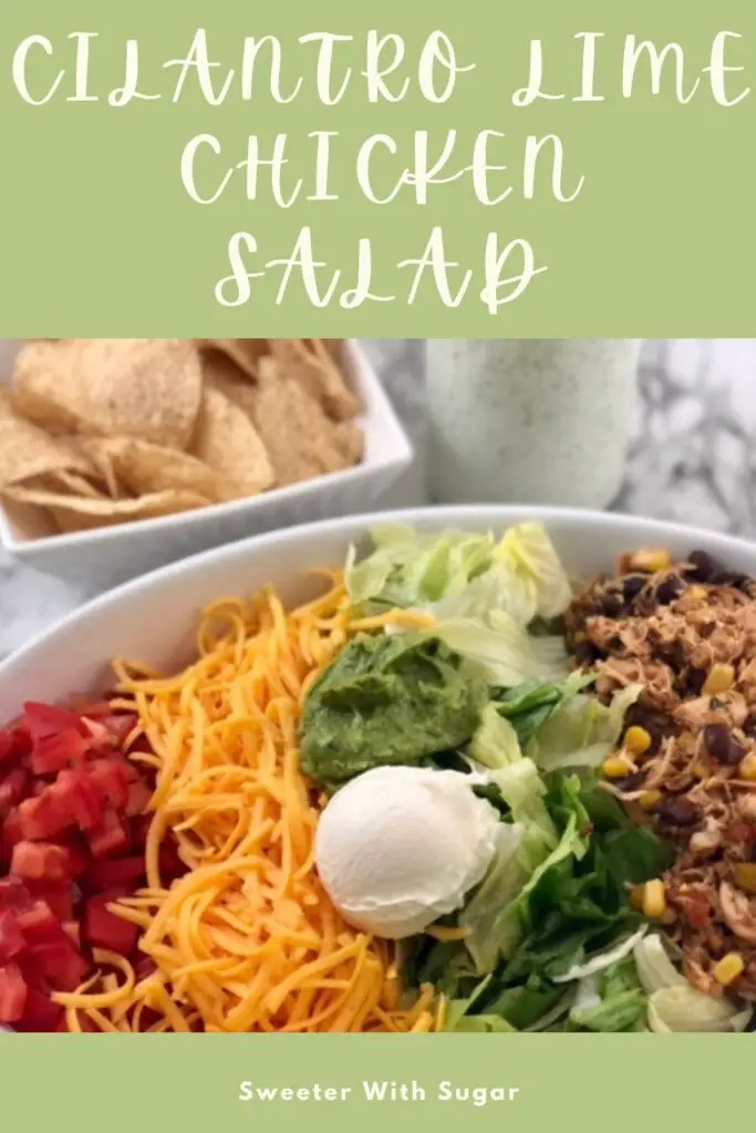 Cilantro Lime Chicken Salad is an easy family dinner recipe made with shredded chicken, corn, beans, lettuce, cheese, tomato and topped with a yummy dressing. #Crockpot #Salad #Chicken #Mexican #EasyDinnerRecipes