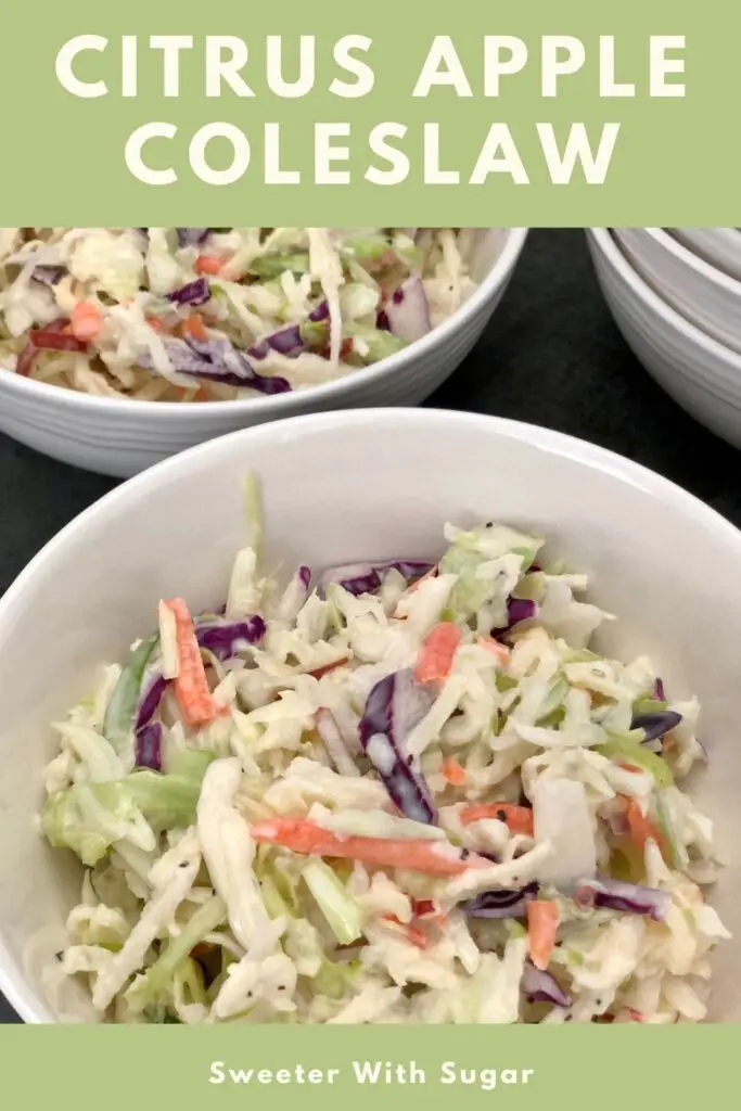 Citrus Apple Coleslaw has a sweet and tart flavor from the apples and the citrus juices. Citrus Apple Coleslaw is an easy recipe you can have ready in 10 minutes. #Coleslaw #Citrus #Apple #EasySaladRecipes #SimpleFamilyRecipes