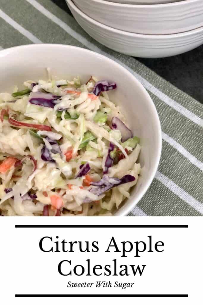 Citrus Apple Coleslaw has a sweet and tart flavor from the apples and the citrus juices. Citrus Apple Coleslaw is an easy recipe you can have ready in 10 minutes. #Coleslaw #Citrus #Apple #EasySaladRecipes #SimpleFamilyRecipes