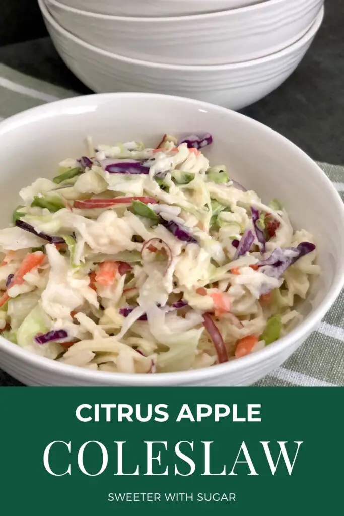 Citrus Apple Coleslaw has a sweet and tart flavor from the apples and the citrus juices. Citrus Apple Coleslaw is an easy recipe you can have ready in 10 minutes. #Coleslaw #Citrus #Apple #EasySaladRecipes #SimpleFamilyRecipes