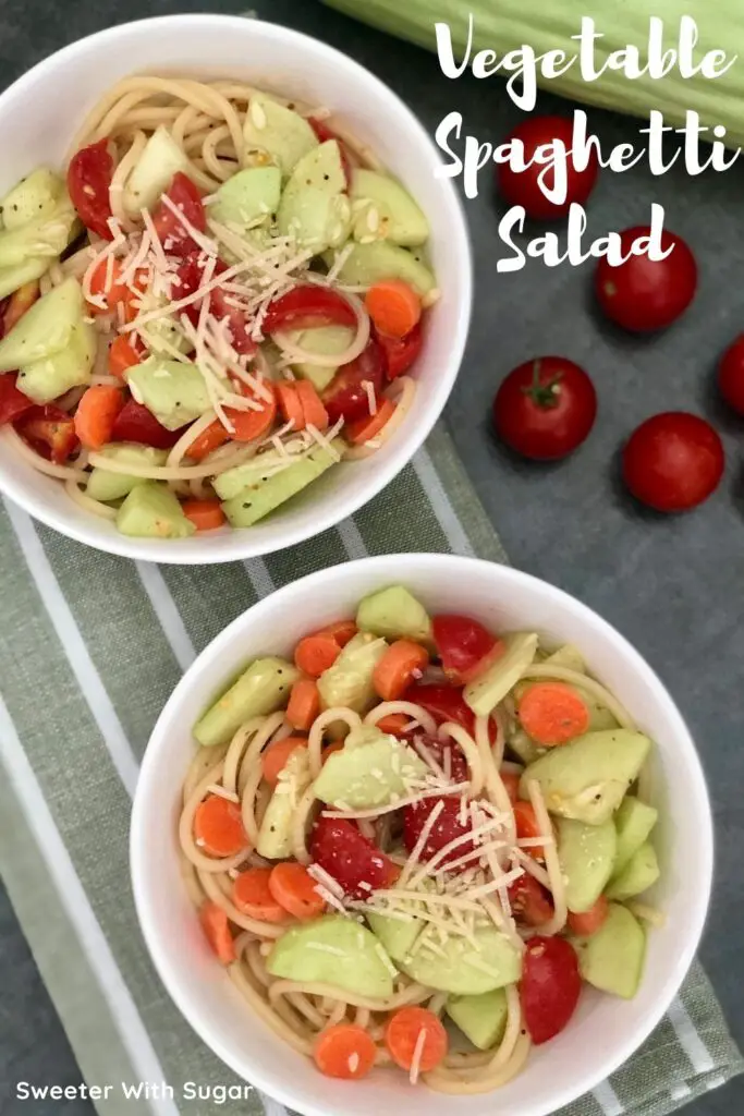 Vegetable Spaghetti Salad is a simple salad with garden vegetables and a little pasta. This salad recipe is quick to make and yummy. #GardenVegetables #ItalianSaladRecipes #EasySaladRecipes #Veggies