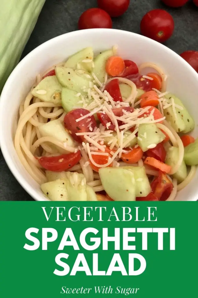 Vegetable Spaghetti Salad is a simple salad with garden vegetables and a little pasta. This salad recipe is quick to make and yummy. #GardenVegetables #ItalianSaladRecipes #EasySaladRecipes #Veggies