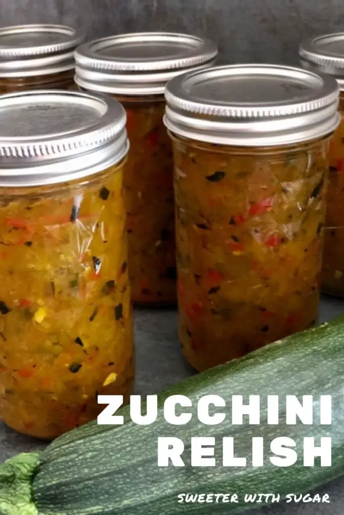 Zucchini Relish is a delicious condiment for hamburgers, hotdogs, brats and sandwiches. This Zucchini Relish recipe uses fresh garden vegetables. #Condiment #Relish #Zucchini #GardenRecipes #Canning #Bottling #Preserving