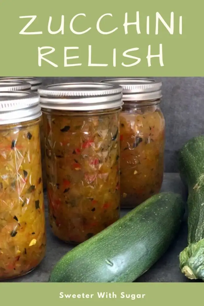 Zucchini Relish is a delicious condiment for hamburgers, hotdogs, brats and sandwiches. This Zucchini Relish recipe uses fresh garden vegetables. #Condiment #Relish #Zucchini #GardenRecipes #Canning #Bottling #Preserving