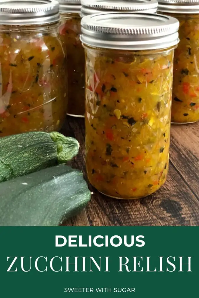 Zucchini Relish is a delicious condiment for hamburgers, hotdogs, brats and sandwiches. This Zucchini Relish recipe uses fresh garden vegetables. #Condiment #Relish #Zucchini #GardenRecipes #Canning #Bottling #Preserving