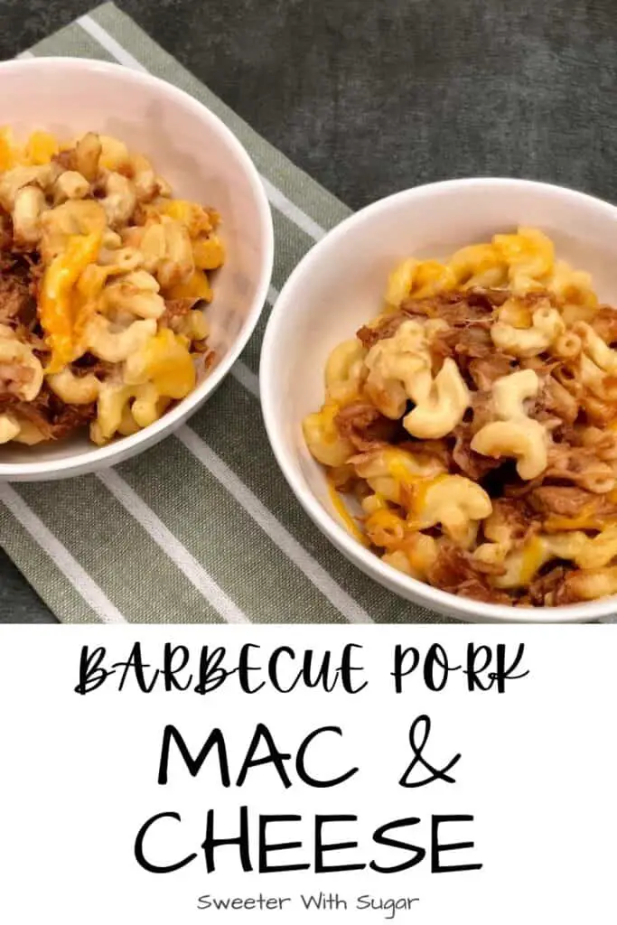 Barbecue Pulled Pork Mac & Cheese is a delicious comfort food recipe. Half is made on the stove and the other half in the Crockpot. This dinner recipe is simple and yummy. #PulledPork #MacaroniAndCheese #EasyDinnerRecipes #FamilyMeals #Barbecue