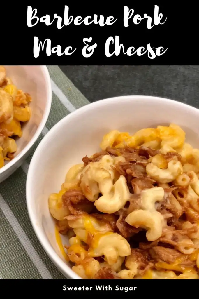 Barbecue Pulled Pork Mac & Cheese is a delicious comfort food recipe. Half is made on the stove and the other half in the Crockpot. This dinner recipe is simple and yummy. #PulledPork #MacaroniAndCheese #EasyDinnerRecipes #FamilyMeals #Barbecue