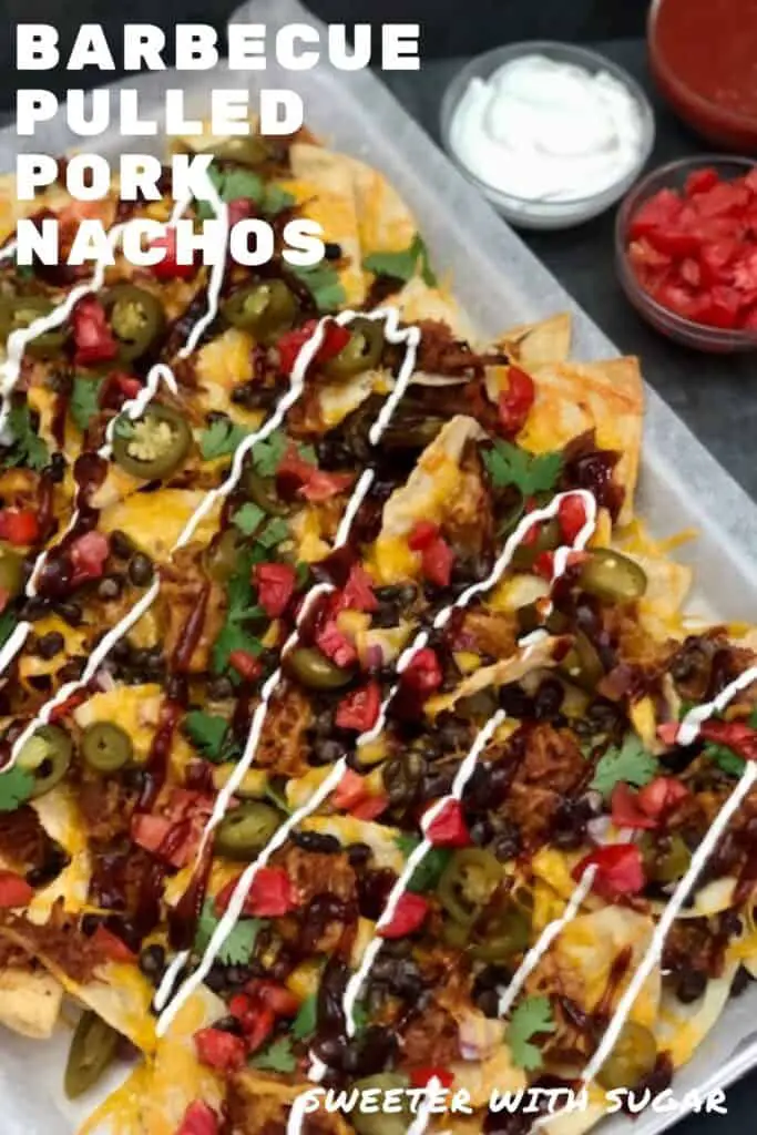 Barbecue Pulled Pork Nachos are a fun and simple dinner recipe that can be the main course, used as a snack or for a party. #Nachos #PulledPork #BBQ #BBQPulledPork #PartyRecipes