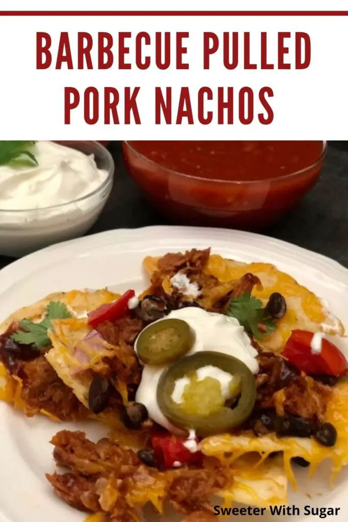 Barbecue Pulled Pork Nachos are a fun and simple dinner recipe that can be the main course, used as a snack or for a party. #Nachos #PulledPork #BBQ #BBQPulledPork #PartyRecipes