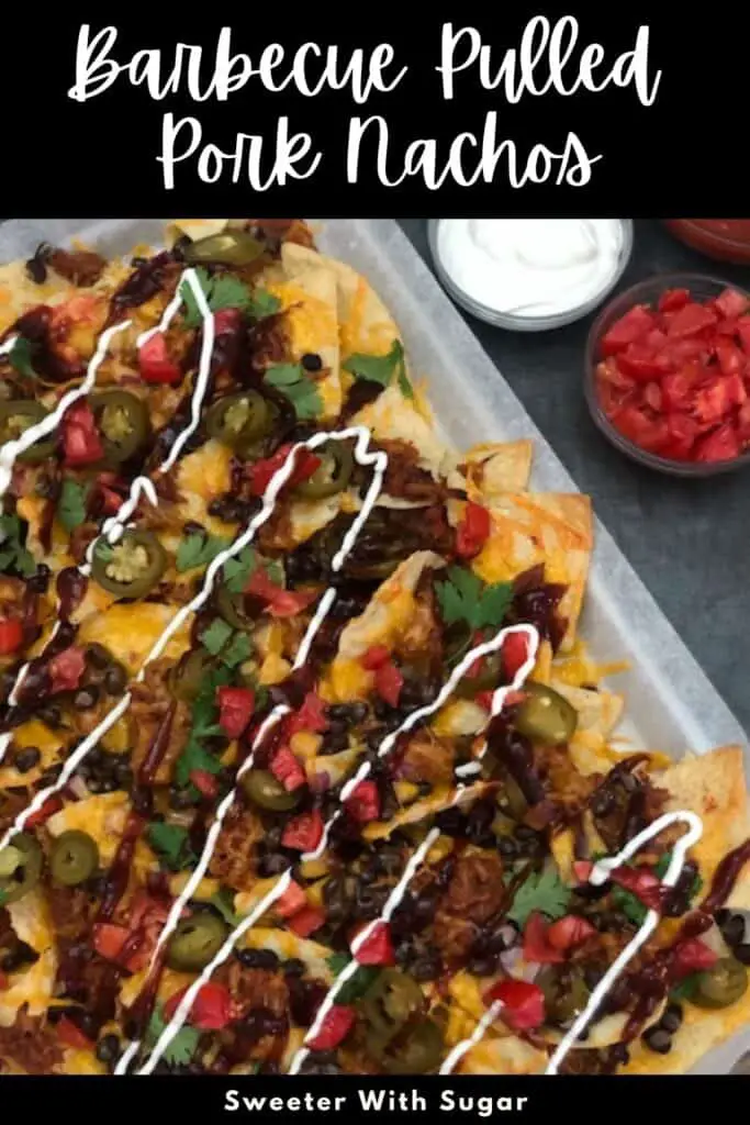 Barbecue Pulled Pork Nachos are a fun and simple dinner recipe that can be the main course, used as a snack or for a party. #Nachos #PulledPork #BBQ #BBQPulledPork #PartyRecipes