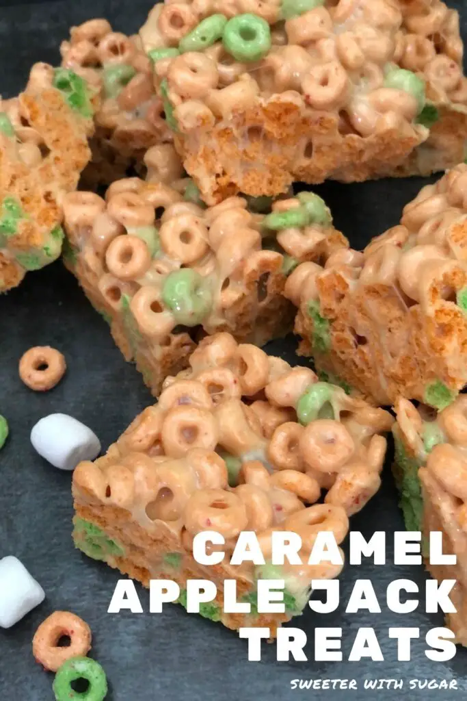 Caramel Apple Jack Treats are a fun and yummy dessert or snack. Caramel Apple Jack Treats are perfect for fall and Halloween. The kids will love these marshmallow cereal treats with the taste of apple and caramel. #CaramelApple #RiceKrispieTreats
#HalloweenIdeas
#FallDesserts #PartyIdeas