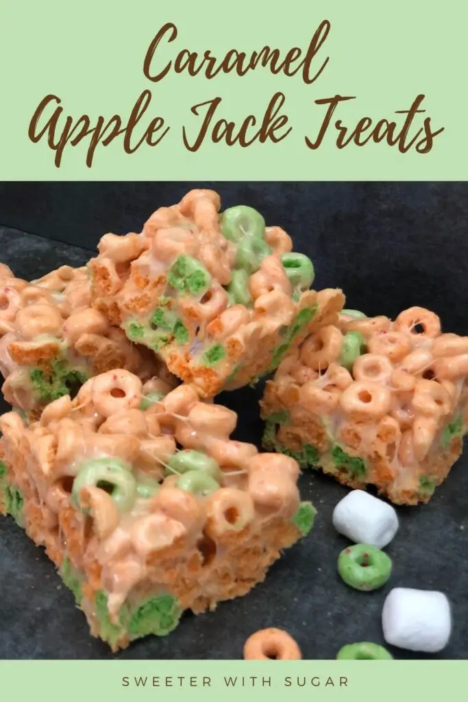 Caramel Apple Jack Treats are a fun and yummy dessert or snack. Caramel Apple Jack Treats are perfect for fall and Halloween. The kids will love these marshmallow cereal treats with the taste of apple and caramel. #CaramelApple #RiceKrispieTreats
#HalloweenIdeas
#FallDesserts #PartyIdeas