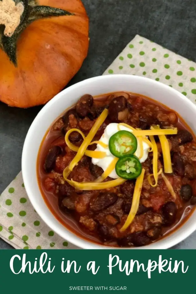 Chili in a Pumpkin is a fun tradition for Halloween. It is delicious and festive for the fall season. #Chili #DinnerInAPumpkin #Halloween #FallRecipes