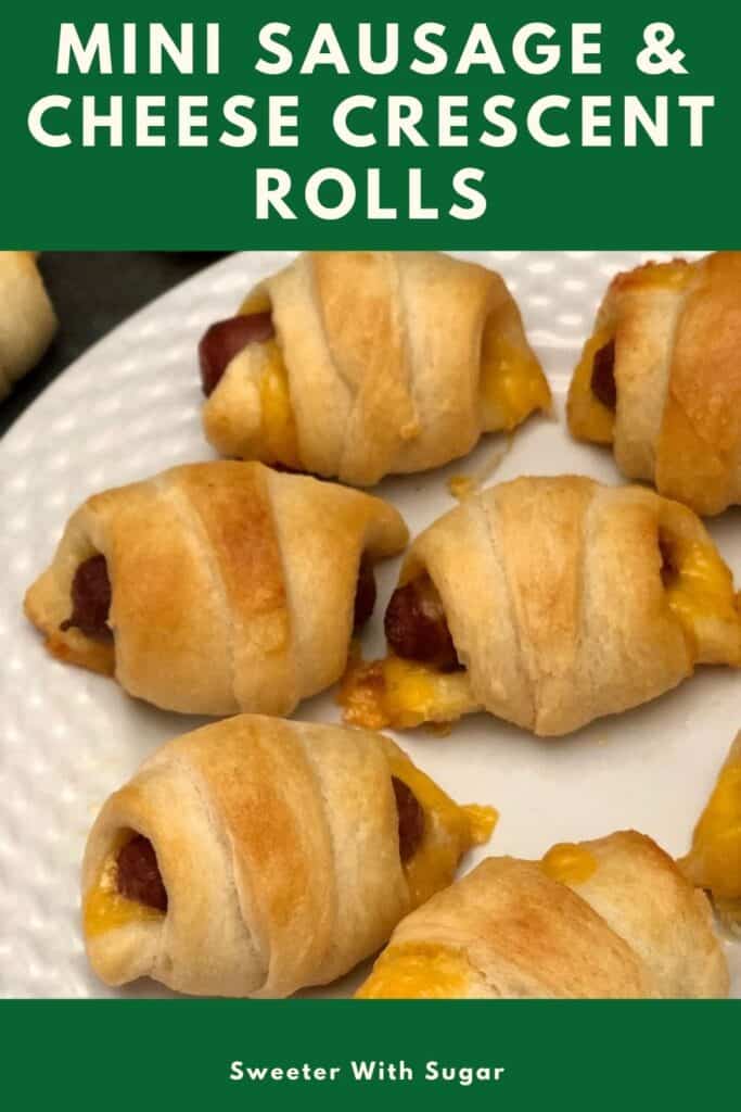 Mini Sausage and Cheese Crescent Rolls are an easy snack or appetizer recipe everyone will love. They are quick to make and taste great. Kids love these as well. #Pillsbury #CrescentRolls #SnackRecipes #Sausage #EasyRecipes