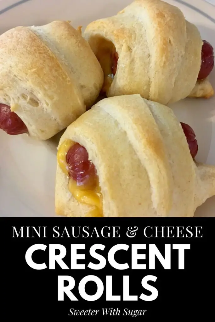 Mini Sausage and Cheese Crescent Rolls are an easy snack or appetizer recipe everyone will love. They are quick to make and taste great. Kids love these as well. #Pillsbury #CrescentRolls #SnackRecipes #Sausage #EasyRecipes