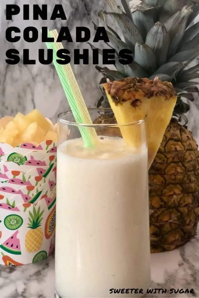 Pina Colada Slushies are the perfect tropical beverage. The coconut and pineapple in this frozen drink are refreshing and delicious. Pina Colada Slushies are the perfect summer frozen drink. #FrozenBeverages #PinaColada #Drinks #Tropical #Coconut #Pineapple #Slushies