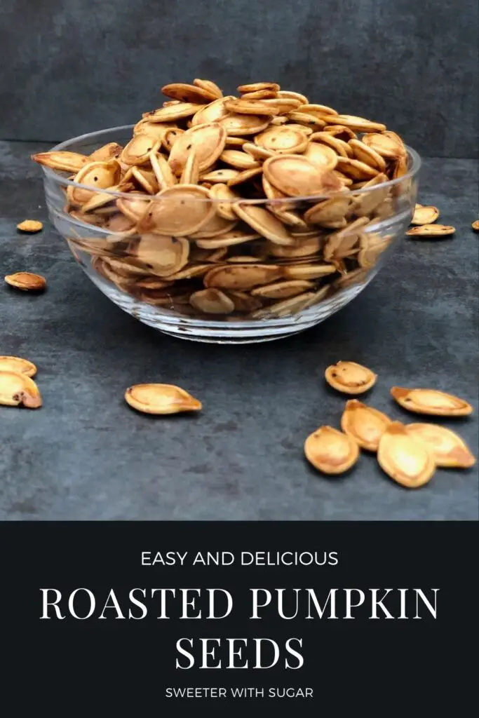 Roasted Pumpkin Seeds are a fun way to use those seeds from your Halloween Jack o' Lantern. They are easy to make and yummy to eat. #Fall #Pumpkin #PumpkinSeeds #Seeds #Halloween #RoastedSeeds #FallSnacks