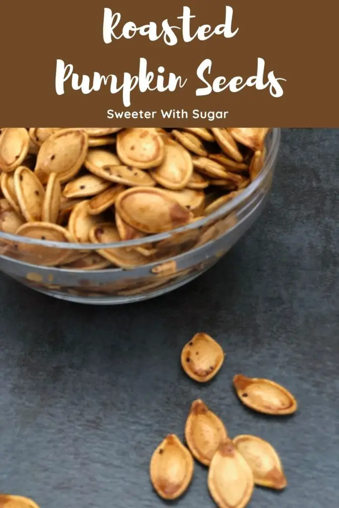 Roasted Pumpkin Seeds are a fun way to use those seeds from your Halloween Jack o' Lantern. They are easy to make and yummy to eat. #Fall #Pumpkin #PumpkinSeeds #Seeds #Halloween #RoastedSeeds #FallSnacks