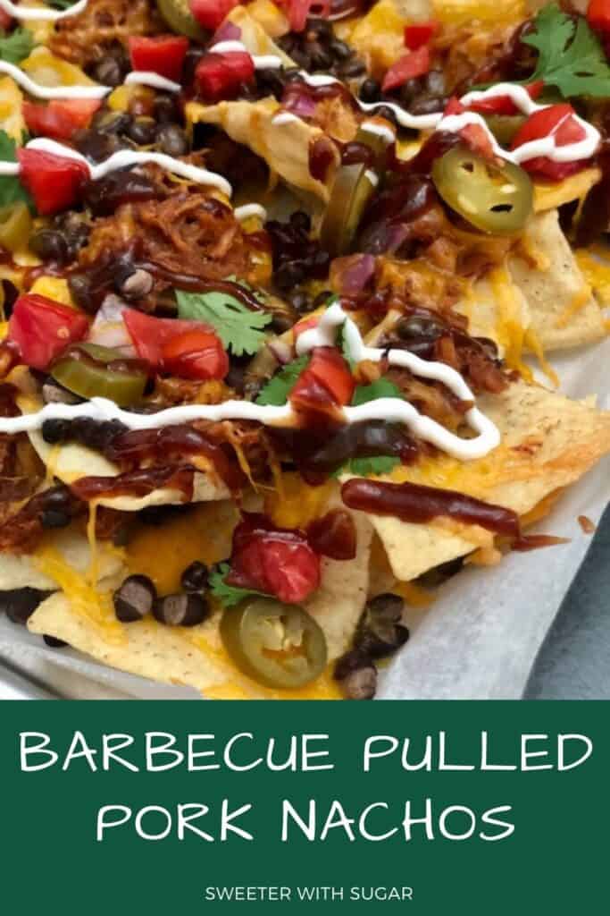 Barbecue Pulled Pork Nachos are a fun and simple dinner recipe that can be the main course, used as a snack or for a party. #Nachos #PulledPork #BBQ #BBQPulledPork #PartyRecipes