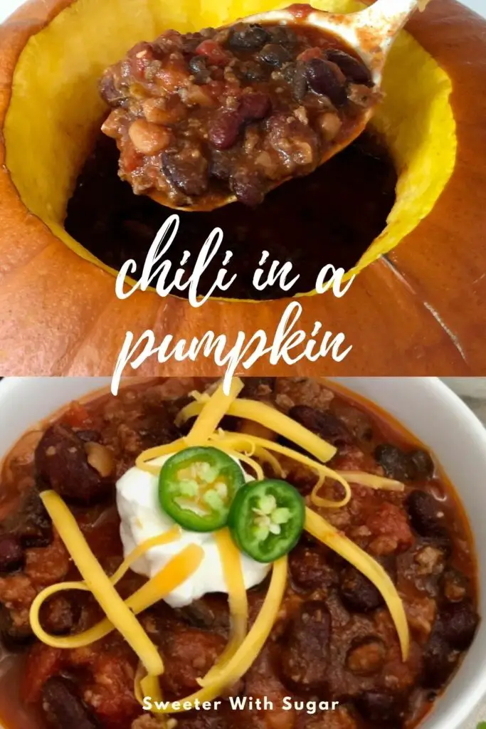 Chili in a Pumpkin is a fun tradition for Halloween. It is delicious and festive for the fall season. #Chili #DinnerInAPumpkin #Halloween #FallRecipes