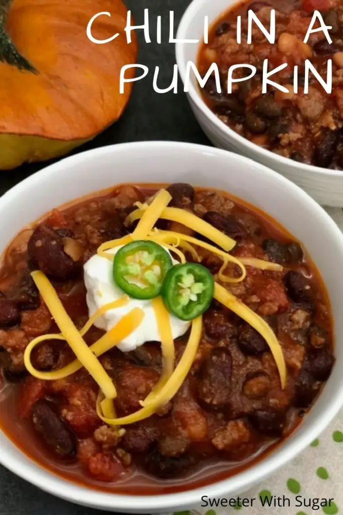 Chili in a Pumpkin is a fun tradition for Halloween. It is delicious and festive for the fall season. #Chili #DinnerInAPumpkin #Halloween #FallRecipes