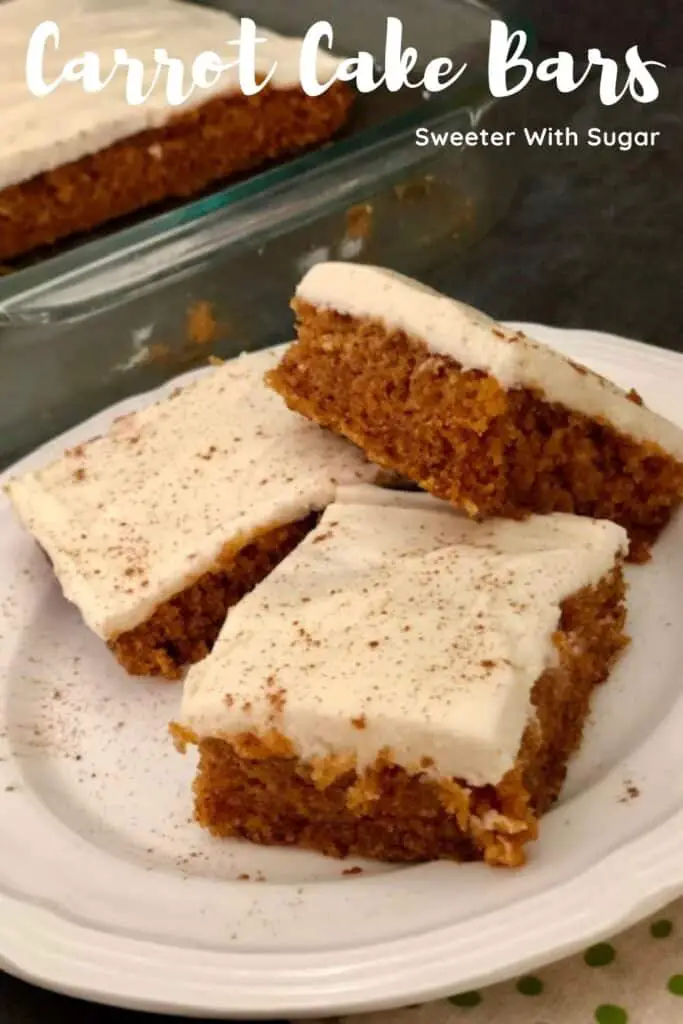 Carrot Cake Bars are an easy dessert recipe. The cake is moist and the cream cheese frosting is creamy and delicious! #CarrotCake #DessertBars #CreamCheeseFrosting #Cake 